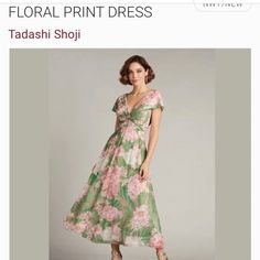 Never Worn- Tags Still On! - Green Ausra Floral-Print Dress From Tadashi Shoji Featuring All-Over Floral Print, Gathered Detailing, V-Neck, Sleeveless And Full-Length. Great For Weddings, Formal Events, Cocktail Parties Floral Print Short Sleeve Dresses For Wedding Guests, Elegant Pink V-neck Floral Dress, Pink Floral Print Cocktail Maxi Dress, Floral Dress Outfits, Mother Of Bride Outfits, Twist Front Dress, Tadashi Shoji Dresses, Mother Of Groom Dresses, Designer Cocktail Dress