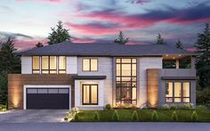 this is an artist's rendering of a two story house in the evening time