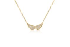 14k (karat) yellow gold necklaces with double angel wings encrusted with diamonds Angel Wings Jewelry, Diamond Pendants Designs, Gold Angel Wings, Angel Wing Necklace, Diamond Pendants, Wing Necklace, Gold Gift, Pendant Design, Engagement Ring Wedding Band