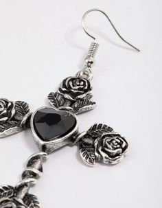 Discover must-have jewellery pieces from our Silver Essentials Collection, designed with trending motifs and silhouettes. These drop earrings feature a stunning, antique silver setting with rose and heart motifs for a romantic feel. | Lovisa Antique Silver Rose & Heart Drop Earrings, Black Silver Gothic Earrings For Valentine's Day, Silver Heart-shaped Jewelry With Rose Design, Gothic Metal Earrings For Valentine's Day, Metal Rose Design Jewelry For Valentine's Day, Valentine's Day Metal Jewelry With Rose Design, Rose Heart, Rosé Heart, Heart Drop Earrings, Antique Earrings