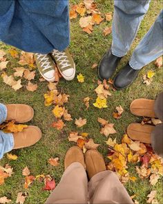 four people standing in the grass with their feet on each other's legs, surrounded by leaves