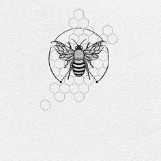 a drawing of a bee with honeycombs on it's back and hexagonal