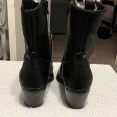 Beautiful Brand New Black Boots! Great For Any Season An Perfect If You Work In A Office. Super Comfy Black Faux Leather Boots With Low Heel, Trendy Black Leather Mid-calf Boots, Black Mid-calf Boots With Low Heel And Medium Width, Black Mid-calf Boots With Medium Width And Low Heel, Black Mid-calf Boots With Low Heel, Casual Leather Boots For Night Out, Casual Black Faux Leather Mid-calf Boots, Leather Mid-calf Boots With Round Toe For Night Out, Casual Black Heeled Boots With Zipper Closure