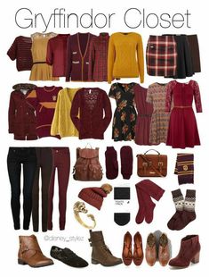 an assortment of clothing and accessories arranged in a gridlocked pattern with the words gryffindor closet