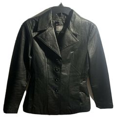 WILSON LEATHER WOMEN’S BUTTON FRONT JACKET SIZE SMALL^^. Condition is Pre-owned. Shipped with USPS Priority Mail. Outer shell made of leather Insulation made of polyester/satin Size dimensions: size small From armpit to armpit appx 20” From top to bottom appx 25” Sleeve length from top middle of the back to the top of the wrist appx 32” There are 4 tiny white spots on the left collar, we’ve taken a Photo of Spots, otherwise in good condition with a great price or your best offer!! Fitted Leather Jacket With Buttons For Fall, Leather Jacket With Buttons And Long Sleeves, Leather Office Jacket With Buttons, Fitted Button-up Leather Jacket For Office, Formal Leather Button-up Jacket, Button-up Leather Outerwear With Buttons, Fitted Leather Button-up Blazer, Fitted Leather Blazer With Button-up Design, Fitted Leather Jacket With Snap Buttons