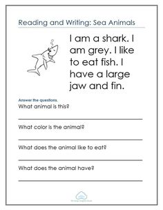 the worksheet for reading and writing sea animals, including an animal's name