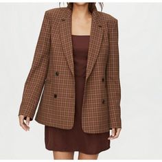 Introducing The Sunday Best Freshman Plaid Blazer Jacket In Brown Rose, Size M. This Stylish Jacket Features A Plaid Pattern With A Houndstooth Grid, And Is Made Of Multiple Outer Shell Materials With Button Closure. The Accents Of Buttons Make This Jacket Stand Out, And It&Apos;S Perfect For Any Season, With A Recommendation For Dry Clean Only For Garment Care. Crafted By The Designer Sunday Best, This Jacket Is A Regular Fit And Falls Under The Category Of Women&Apos;S Clothing, Specifically C Fall Sport Coat With Double Button Closure For Work, Plaid Long Sleeve Blazer With Welt Pockets, Tailored Plaid Long Sleeve Blazer, Long Sleeve Plaid Blazer With Welt Pockets, Tailored Plaid Blazer With Long Sleeves, Fall Sport Coat With Houndstooth Pattern And Suit Collar, Tailored Plaid Outerwear With Double Button Closure, Spring Plaid Double-breasted Blazer, Fall Double-breasted Sport Coat For Business Casual