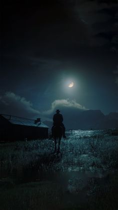 a man riding on the back of a horse under a moon filled sky at night