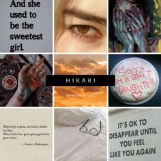 a collage of pictures with words written on them and images in the middle, including an image of a woman's face