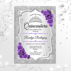 a purple and silver quinceaueria birthday party with roses on the front, surrounded by confetti