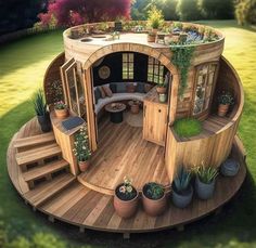 a circular wooden deck with potted plants on it