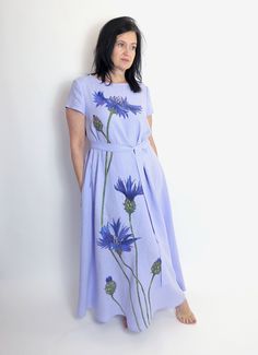 Hand painted cornflower maxi loose washed linen dress with pockets, Lilac blue long linen dress with short sleeves, MaTuTu Linen Style Blue Short Sleeve Maxi Dress With Pockets, Spring Linen Dress In Flax Color With Short Sleeves, Spring Short Sleeve Flax Linen Dress, Casual Flax Short Sleeve Dress, Beach Dress In Flax With Short Sleeves, Blue Linen Dress With Short Sleeves And Relaxed Fit, Blue Linen Dress With Short Sleeves Relaxed Fit, Blue Linen Dress Relaxed Fit Short Sleeve, Blue Short Sleeve Linen Dress For Summer