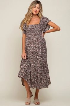 Cream Floral Flutter Maternity Midi Dress– PinkBlush Flowy Smocked Midi Dress With Square Neck, Maternity Midi Dress With Smocked Back, Casual Floral Print Midi Dress With Square Neck, Casual Midi Dress With Floral Print And Square Neck, Modest Midi-length Smocked Dress With Floral Print, Casual Smocked Dress With Ditsy Floral Print Short Sleeve, Casual Smocked Dress With Ditsy Floral Print, Summer Maternity Midi Dress With Smocked Back, Maternity Dress With Smocked Bodice And Square Neck