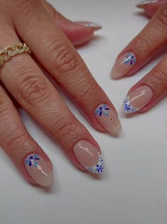 Almond medium long nails french with blue decoratives inspired by Mediterranean mood Nail Designs Disney, Mediterranean Nails, Europe Nails, Art Nail Designs, Kids At Heart, Summery Nails, French Tip Acrylic Nails, Simple Acrylic Nails, Cute Nail