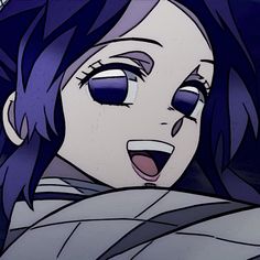 an animated image of a woman with purple hair and blue eyes looking at the camera