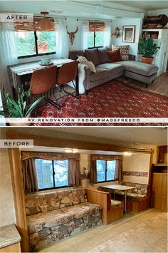 before and after photos of a living room with couches, dining table and kitchen