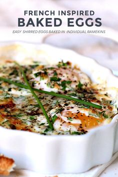 french inspired baked eggs in a white casserole dish