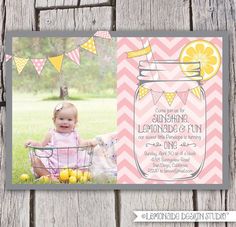 lemonade invitation Lemonade Invitation, Lemonade Stand Birthday Party, Lemonade Stand Birthday, Lemonade Birthday, Pink Lemonade Party, Party Box, Birthday Invitations Girl, Photo Invitations