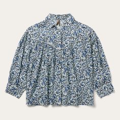 Blue Long Sleeve Rayon Peasant Top With Floral Print, Flowy Smock Blouse, Patterned Long Sleeve Top With Ruffles, Printed 3/4 Sleeve Blouse, Daywear Tops With Blouson 3/4 Sleeves, Daywear Tops With Blouson Sleeves And 3/4 Sleeve, Printed 3/4 Sleeve Blouse For Fall, Casual Tops With 3/4 Gathered Sleeves, Blue Blouse With Gathered Sleeves For Daywear