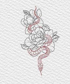 a drawing of a snake with flowers on it's back and its tail curled up