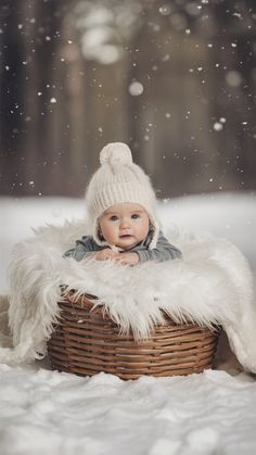 a baby is sitting in a basket with snow falling around him and looking at the camera