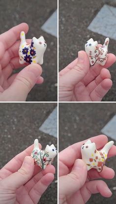 four different pictures of small ceramic cats in their human's hands, one is white and the other is blue