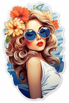 a woman with sun glasses and flowers in her hair is wearing blue sunglasses, while she's looking to the side