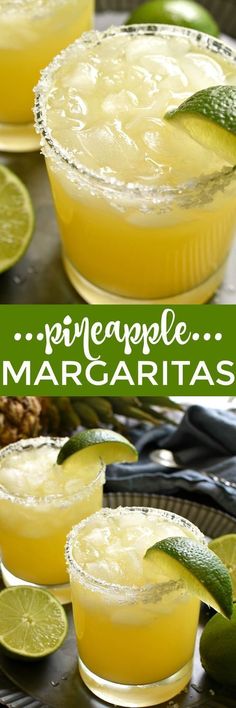 pineapple margaritas are garnished with lime