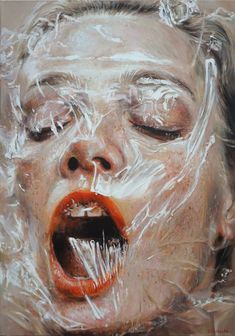 a painting of a woman's face with plastic wrap around her head and mouth