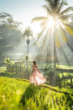 a woman in a pink dress is walking through the grass with palm trees behind her