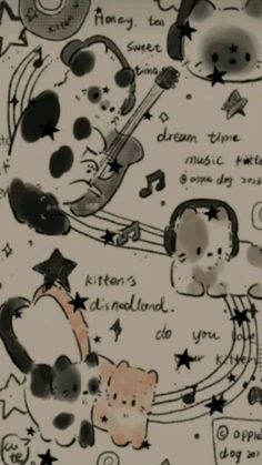 an image of a drawing with musical instruments and cats on it's back ground