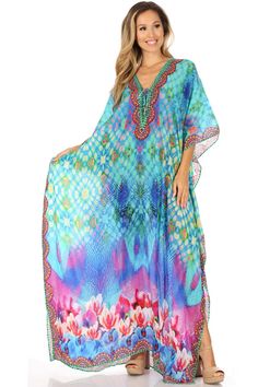 This caftan dress cover-up is made of lightweight material with no structure so that it drapes effortlessly and elegantly. It is very forgiving and loose-fitting for maximum comfort and best wear. Colors are very vibrant and unique. Each dress is handmade and timeless. Flowy Multicolor Tunic Cover-up, Bohemian Chiffon Cover-up For Vacation, Long Kaftan For Beach Resort, Flowy Bohemian Pool Cover-up, Printed Flowy Kaftan For Beach Cover-up, Blue Bohemian Dress For Pool, Free Size Long Kaftan For Beach Party, Bohemian Printed Kaftan For Resort, Bohemian Flowy Kaftan For Beach Season