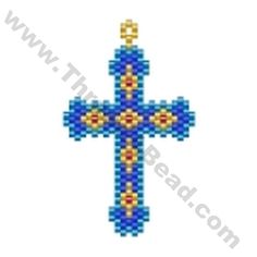 a cross made out of blue and yellow beads