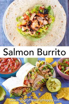 two pictures with the words salmon burrito on them and an image of a tortilla