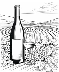 a bottle of wine next to a glass with grapes on the vine line art drawing