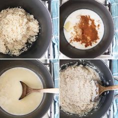 four pictures showing how to make rice and milk