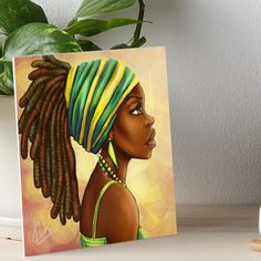 a painting of a woman with dreadlocks on her head art boarder next to a potted plant