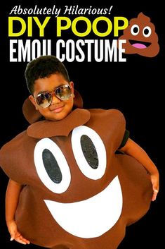 a young boy dressed in a poop emoj costume with sunglasses on and the words absolutely hilarious diy poop emou costume