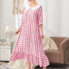 Brand New Pink & White Buffalo Check Ruffle Hem Vintage Nightgown Material: 100% Rayon Size: See Last Photo For Reference. Please Check The Measurements Before Placing Order Since Sizing May Vary Between Brands Color May Look Different In Photos Due To Lighting Please Allow Some Errors In Measurement As It Was Taken On A Few Samples Only The Model Is 5’9” & Wearing Size S Bust: 32.3“, Waist: 22.8“, Hips: 34.3” #Pajamas #Sleepwear #Comfortable #Nightgown #Nightdress #Cottagecore White Nightgown For Spring Pajama Party, White Nightgown For Pajama Party In Spring, Feminine Summer Nightgown, Pink Ruffled Nightgown For Pajama Party, Spring Pajama Party Nightgown With Ruffles, White Ruffled Sleepwear For Loungewear, Spring Nightgown With Ruffles For Pajama Party, Spring White Nightgown, Pink Ruffled Nightgown For Sleep