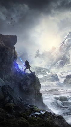 star wars the old republic poster with lightsaben on rocks in front of water