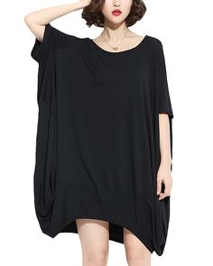 PRICES MAY VARY. This casual fashion and comfortable oversized t-shirt has short batwing sleeves, a relaxed fit, and a stylish appearance. The fabric of this oversized tunic is made of rayon and spandex with an elastic closure for a soft, lightweight and skin-friendly feel. The high-low hemline design of the oversized tshirt is great for hiding the belly and hips, and the loose style allows it to be worn off-the-shoulder. This oversized shirt dress suitable for a variety of occasions, such as ho Oversize Tshirt, Black Sundress, Oversized Shirt Dress, Long Beach Dress, Tshirt Fashion, Oversized Tunic, Oversized Dress, Beach T Shirts, Measurement Chart