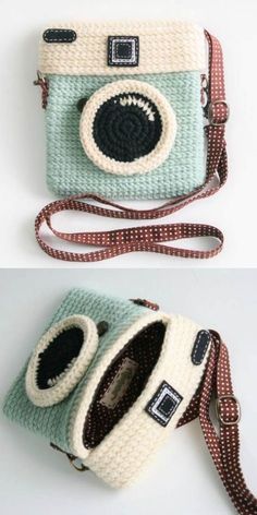 two pictures of a camera bag made out of yarn