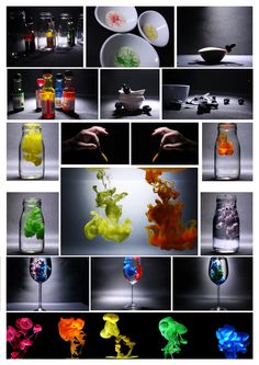 many different colored glass vases in various stages of being filled with water and liquid