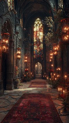 an image of a gothic looking hallway with candles and flowers on the floor in it