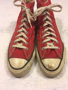 "1980s Converse Chuck Taylor hi-tops made in USA red canvas extra stitch good vintage condition, light wear label size 12 measures, insole-11 3/4\" sole-12 1/2\" width-4\" height-6\"" 1980s Converse, Star Vintage, Vintage Converse, Red Canvas, Long Sweaters Cardigan, Levis Denim, Hi Top, Canvas Sneakers, Converse All Star