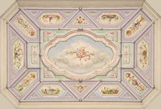 an ornate ceiling painted in pastel colors with angels and cherubs on it