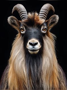 an animal with long hair and horns looking at the camera