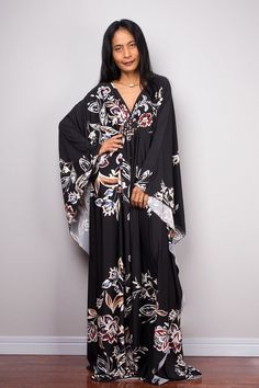 Boho Black Floral Kaftan Maxi Dress | Long loose fit evening dress |Oversized frock dress FU1P Long Purple Festive Kaftan, V-neck Purple Kaftan For Party, Bohemian Black Floor-length Kaftan, Floor-length Purple Bohemian Kaftan, Elegant Purple V-neck Kaftan, Long Tunic Dress, Kaftan Maxi Dress, Frock Dress, Long Tunic