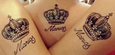 two girls with matching tattoos on their arms, both have crowns and names tattooed on them