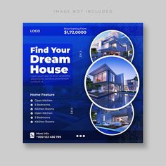 a blue flyer for a real estate with three houses on the front and one in the back